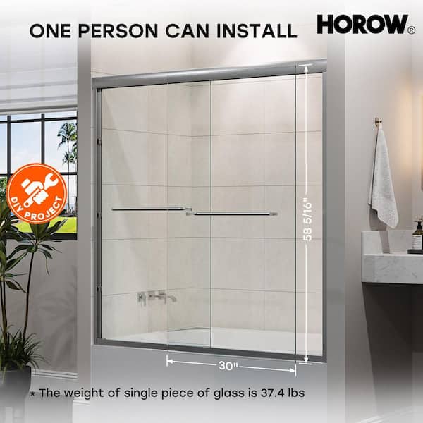 56 in. - 60 in. W x 60 in. H Double Sliding Semi-Frameless Tub Door in Brushed Nickel with Clear Glass
