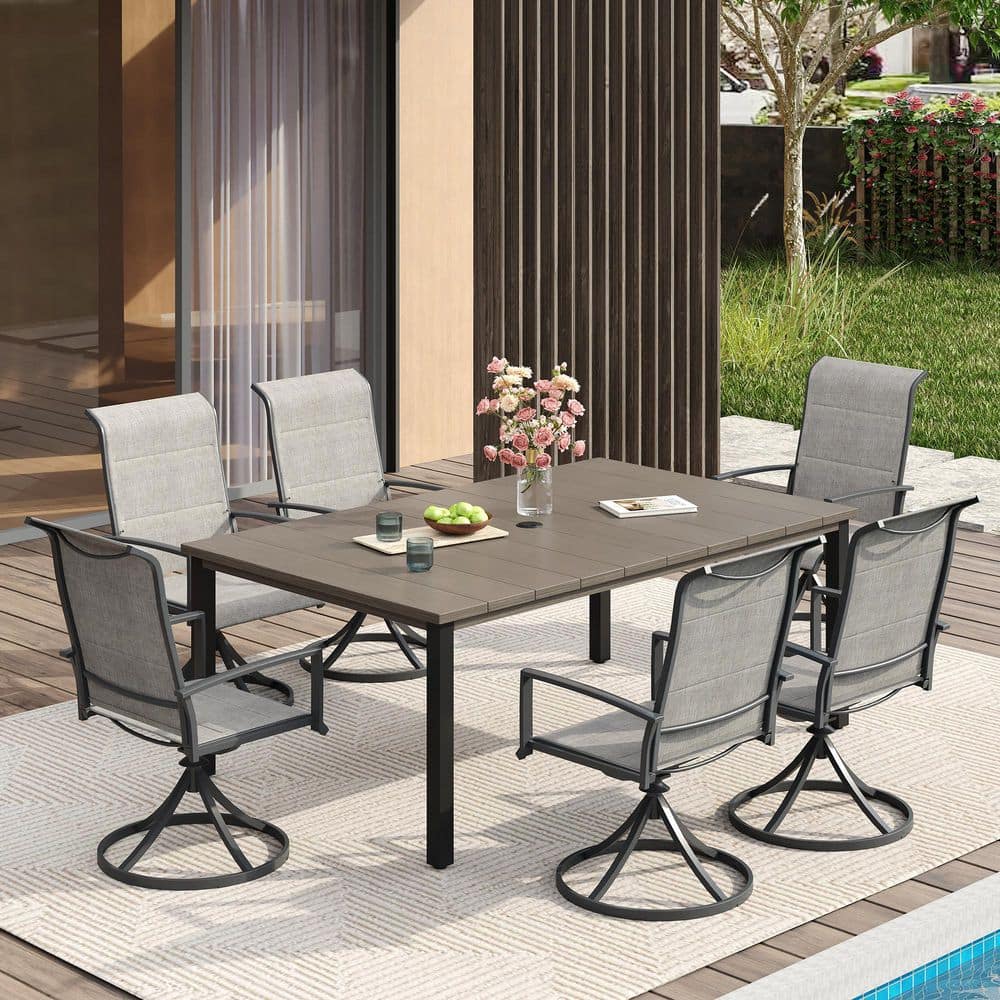 7-Piece Metal Outdoor Dining Set with 63 in. Gray Wood-Like Rectangle Table and 6 Gray Swivel Dining Chairs for 6 Person price history on PriceWatchPro