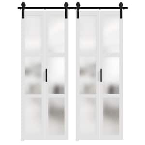 60 in. x 84 in. （30 in. 2 ）White, MDF, Frosted Glass, Bi-Fold Style, 3 Lite Glass Panel Barn Door Slab with Hardware Kit