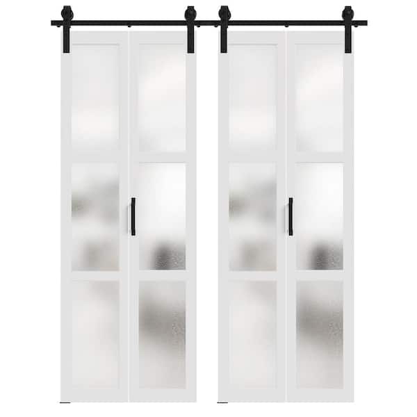 TENONER 60 in. x 84 in. （30 in. 2 ）White, MDF, Frosted Glass, Bi-Fold Style, 3 Lite Glass Panel Barn Door Slab with Hardware Kit