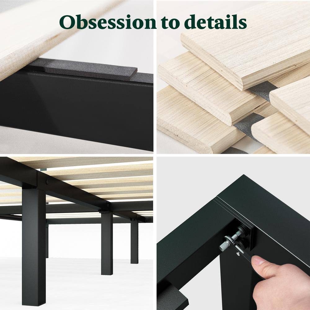 Full Black Metal Platform Bed Frame with Wood Headboard