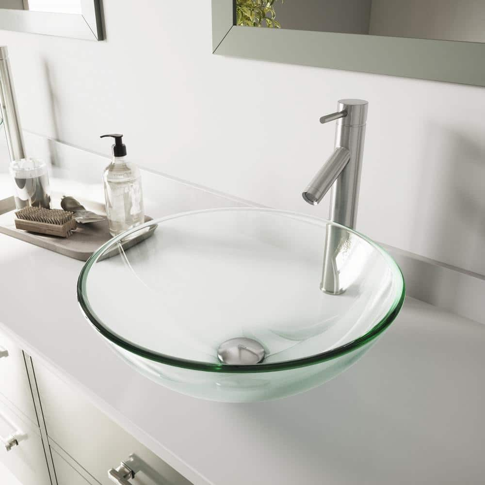 VIGO Crystalline Glass Round Vessel Bathroom Sink in Iridescent with Dior Faucet and Pop-Up Drain in Brushed Nickel