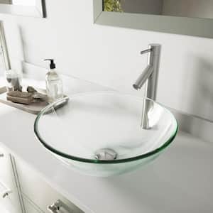 Crystalline Glass Round Vessel Bathroom Sink in Iridescent with Dior Faucet and Pop-Up Drain in Brushed Nickel