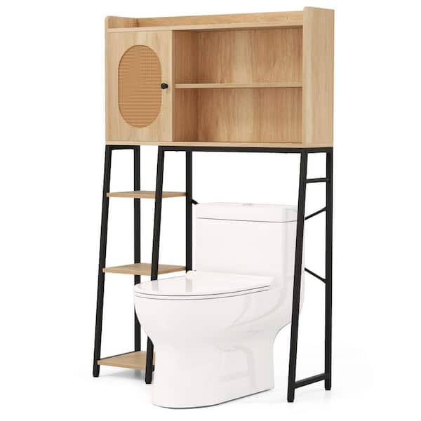 35 in. W x 55 in. H x 11.5 in. D Natural Over The Toilet Storage with PE Rattan Door and Open Storage Shelves