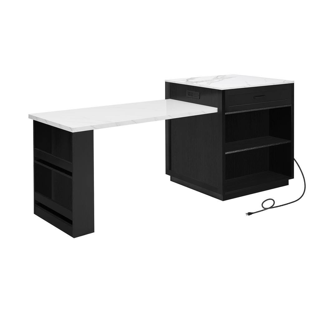 Black Wood 82.7 in. Kitchen Island with Extendable Dining Table, Power Outlets, 2-Drawers, Shelves, Chairs Not Included