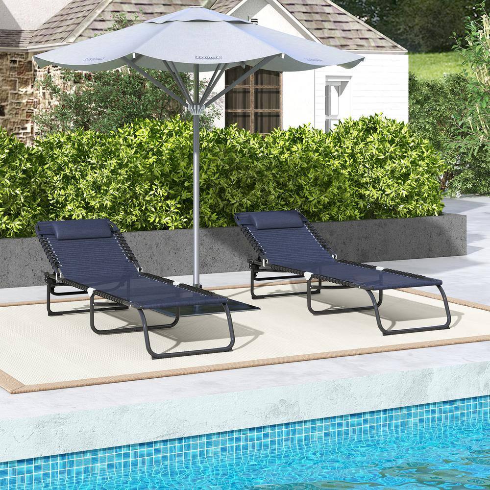 Dark Blue Folding Chaise Lounge Set with Mesh and Steel Frame