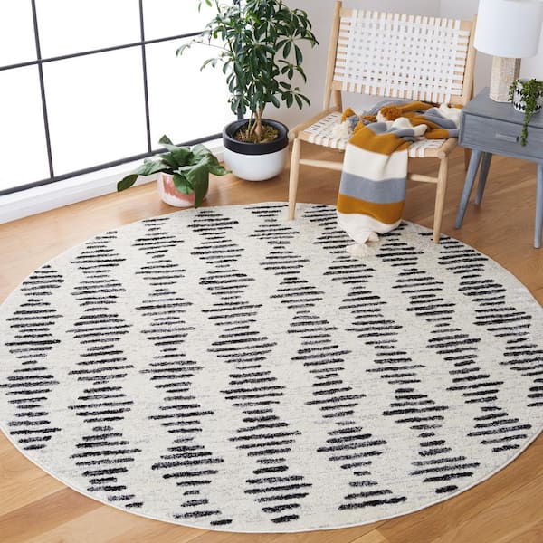 Tulum 5 ft. x 5 ft. Ivory/Black Abstract Round Rug