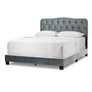 Artan Silver Grey Velvet Twin Upholstered Headboard Bed with Button Tufting