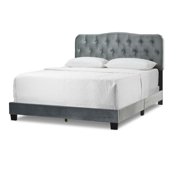 Glamour Home Artan Silver Grey Velvet King Upholstered Headboard Bed with Button Tufting