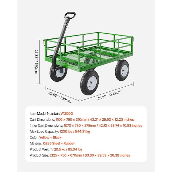 VEVOR 1200 lbs. 9.03 cu. ft. Steel Garden Cart Pullable