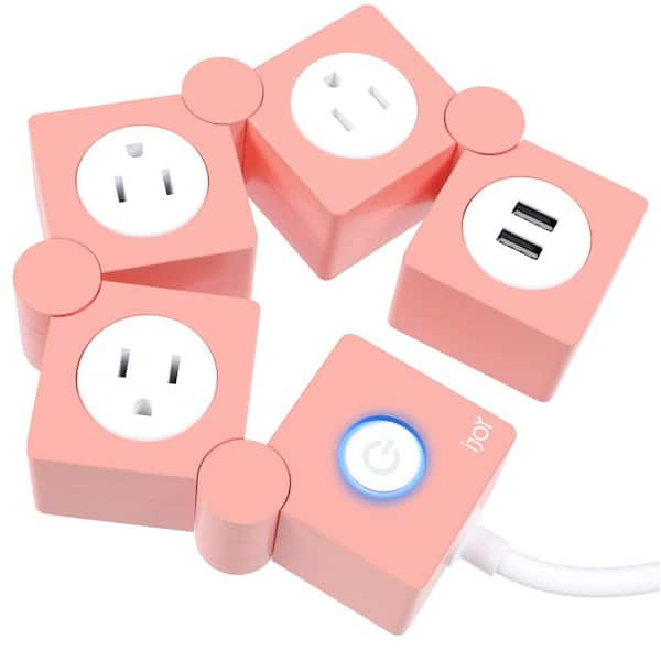 5 ft. Extension Cord 3-Outlet Flexible Power Strip Surge Protector, Pink with 2-USB Ports for Phone and Laptop Charging