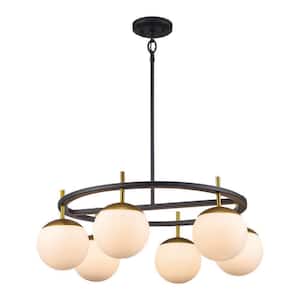 6-Light Black and Gold Wagon Wheel Chandelier Light Fixture with White Glass Globe Shades