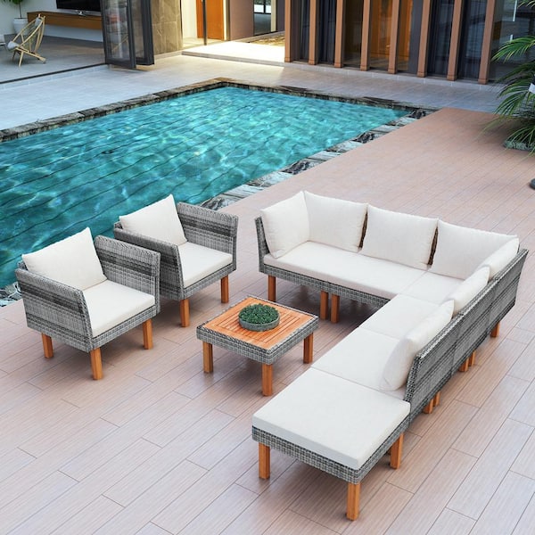 Wateday Outdoor 9-Piece Wicker Patio Conversation Set with Beige Cushions