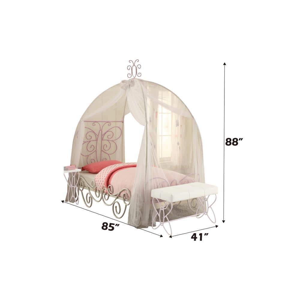 Priya II White and Light Purple Twin Canopy Bed with Butterfly Headboard