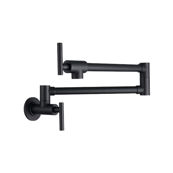YONKI SUNSHIN INC Double Handle Matte Black Wall Mount Pot Filler Kitchen Faucet with Cross Handle, 360° Rotation & Folding Functions