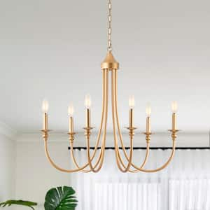 6-Light Spray Gold Mid-Century Candlestick Hanging Linear Chandelier Lighting for Kitchen Island with no bulbs included