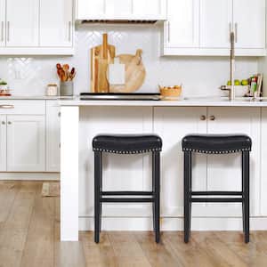 Jameson 29 in. Bar Height Black Wood Backless Nailhead Trim Barstool, Upholstered Black Faux Leather Saddle Seat Stool