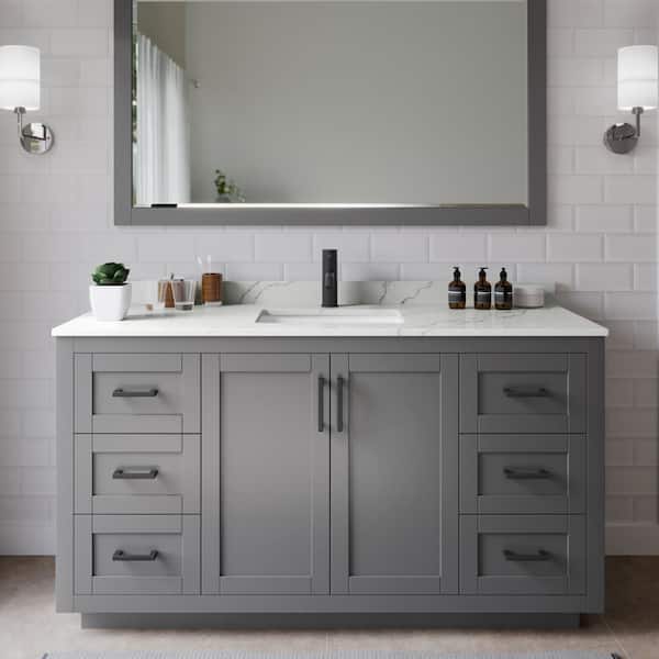 Wyndham Collection Miranda 60 in. W x 22 in. D x 33.75 in. H Single Bath Vanity in Dark Gray with Giotto Quartz Top and 58 in. Mirror