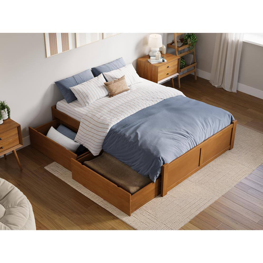 Light Toffee Full Wood Platform Bed with Footboard and Storage Drawers