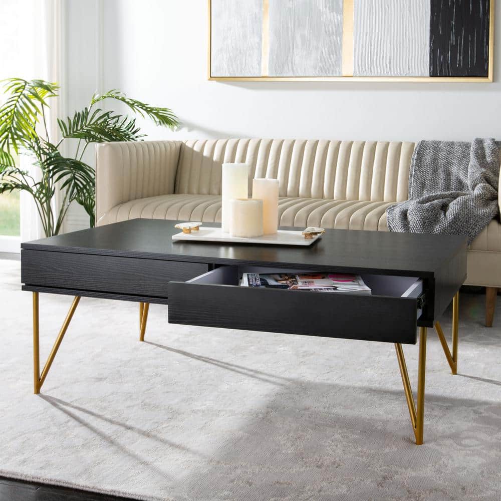 Rectangular Black and Gold Wood Metal Coffee Table with Storage