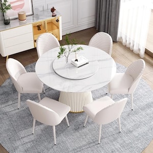 53.15 in. White Circular Rotable Sintered Stone Tabletop with Lazy Susan Pedestal Base Kitchen Dining Table (Seats-6)