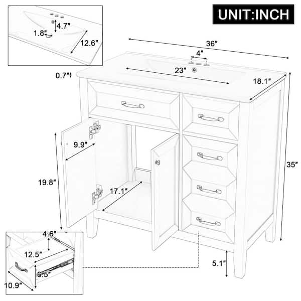 36 in. W Solid Wood Frame White Stylish Bath Vanity with White Ceramic Top, 3 Drawers and Black Metal Handles
