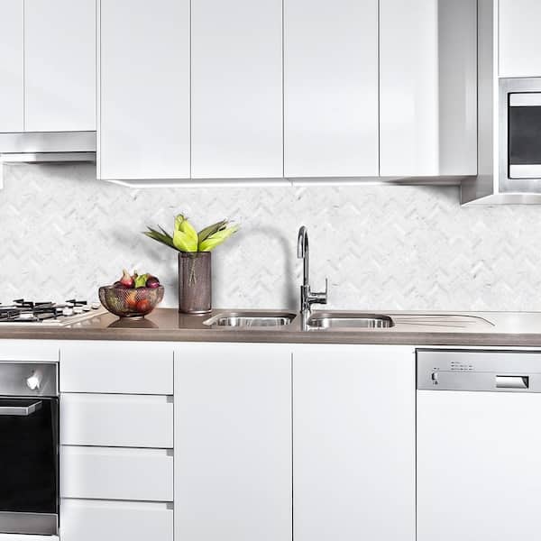 Take Home Tile Sample - Jet Stream White 4.75 in. x 4.38 in. Herringbone Honed Marble Mosaic