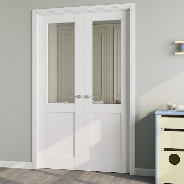 48 in. x 80 in. 1/2-Lite Clear Glass Universal Primed Solid Core Glass Double Prehung French Door + Quick Assemble Jamb