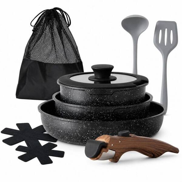 10-Pack Aluminum Pots and Pans Cookware Set with Detachable Handle for Kitchen, Camping, Oven Safe, Easy Storage, Black