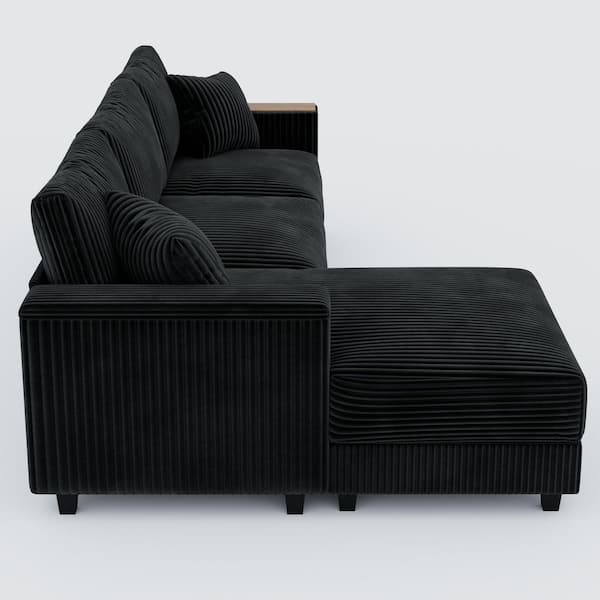 Kim 114.56 in. Corduroy Upholstery L-Shaped Sectional Sofa in. Black with Hidden Storage, Reversible Chaise, Pillows