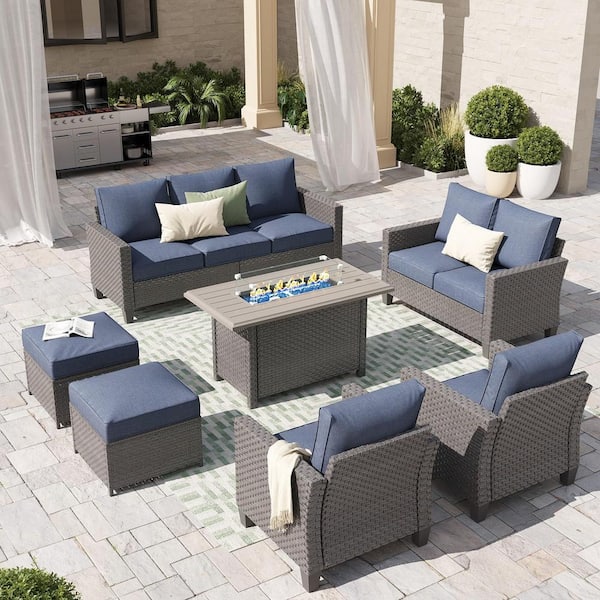 Freestyle 7-Piece Grey Wicker Outdoor Conversation Set with Fire Pit Table and Ottomans, Blue