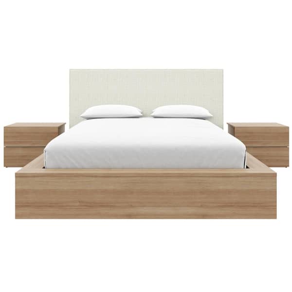 Bardot 4-Piece Brown Oak Wood Queen Size Bedroom Set with Upholstered Headboard
