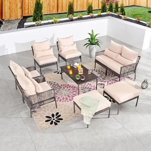 9-Piece Wicker Outdoor Conversation Set with Beige Cushions