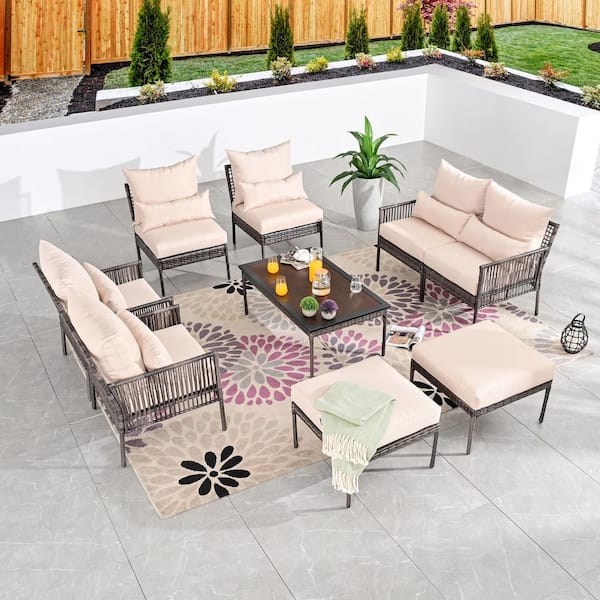 Patio Festival 9-Piece Wicker Outdoor Conversation Set with Beige Cushions