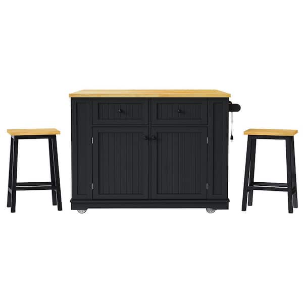 Tenleaf Black Wood 48 in. Kitchen Island Cart with 2-Bar Stools, Drop Leaf, Power Outlet, 5-Wheels, 2-Drawers, 5-Open Side Racks