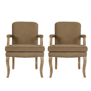 Ardson Dark Beige and Natural Fabric Dining Arm Chairs (Set of 2)