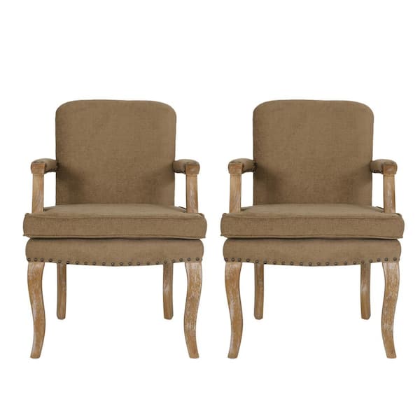 Noble House Ardson Dark Beige and Natural Fabric Dining Arm Chairs (Set of 2)