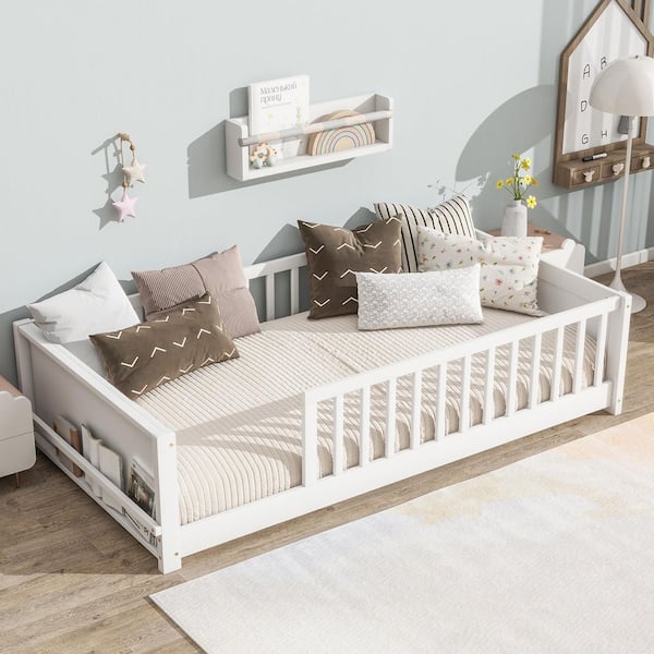 Harper & Bright Designs White Wood Frame Twin Size Floor Platform Bed with Book Storage Rack and Guardrails