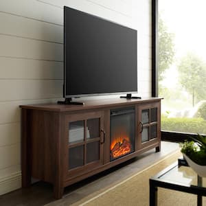 Simple 70 in. Dark Walnut 2-Door TV Stand with Electric Fireplace (Max tv size 75 in.)