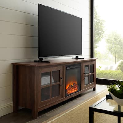 Simple 70 in. Dark Walnut 2-Door TV Stand Fits TV up to 75 in. with Electric Fireplace