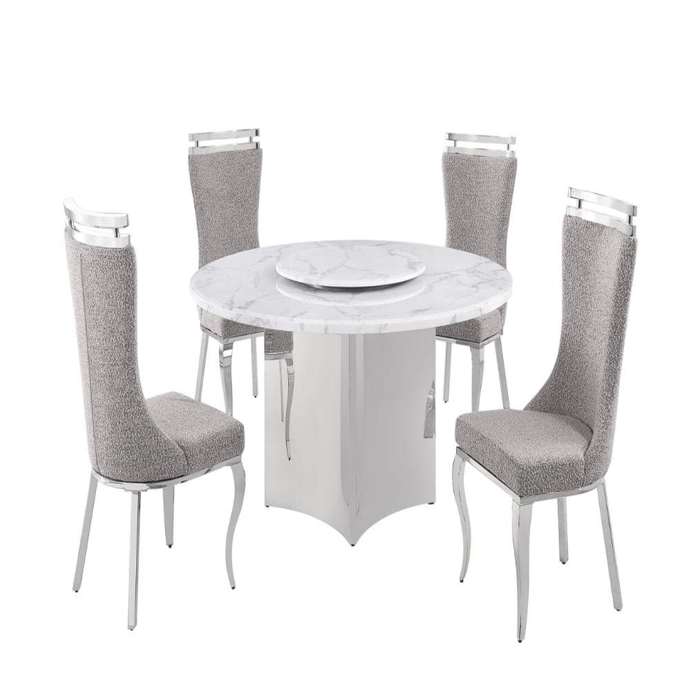 Fabi 5-Piece Round White Marble Top With Lazy Susan Stainless Steel Base Dining Set With 4 Rich Grey Chairs price history on PriceWatchPro