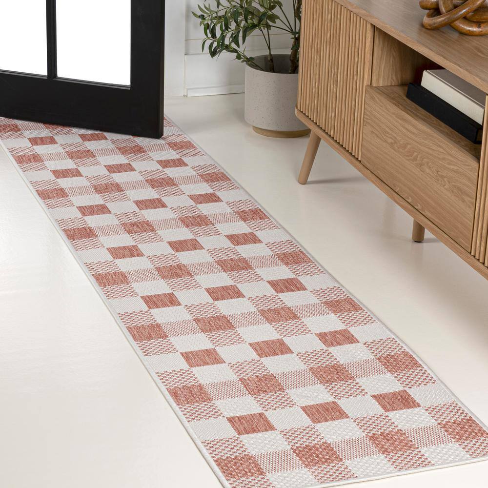 Darcy Salmon and Cream Geometric Gingham 2 x 8 Runner Rug