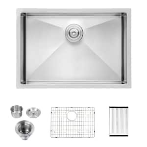 27 in Undermount Single Bowl 16-Gauge Brushed Nickel Stainless Steel Kitchen Sink with Bottom Grids