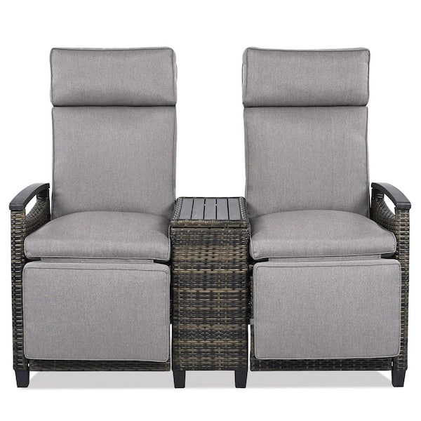 Tenleaf Brown Wicker Outdoor Recliner Loveseat Chair with Grayish Brown Cushions