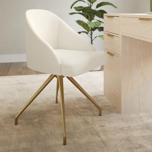 Sora Fabric Stationary Swivel Office Chair in Off White/Polished Brass with Arms