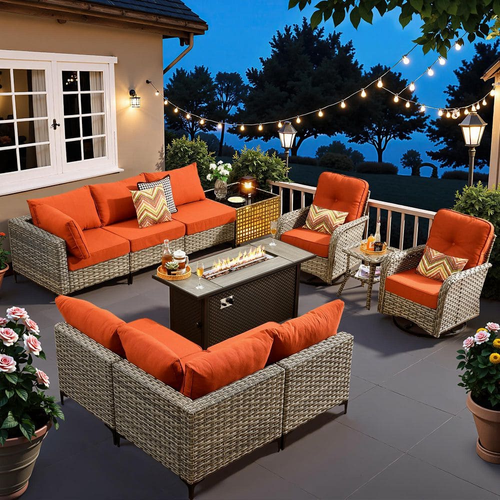OVIOS Holly Gray 11-Piece Wicker 54 in. Rectangle Fire Pit Patio
