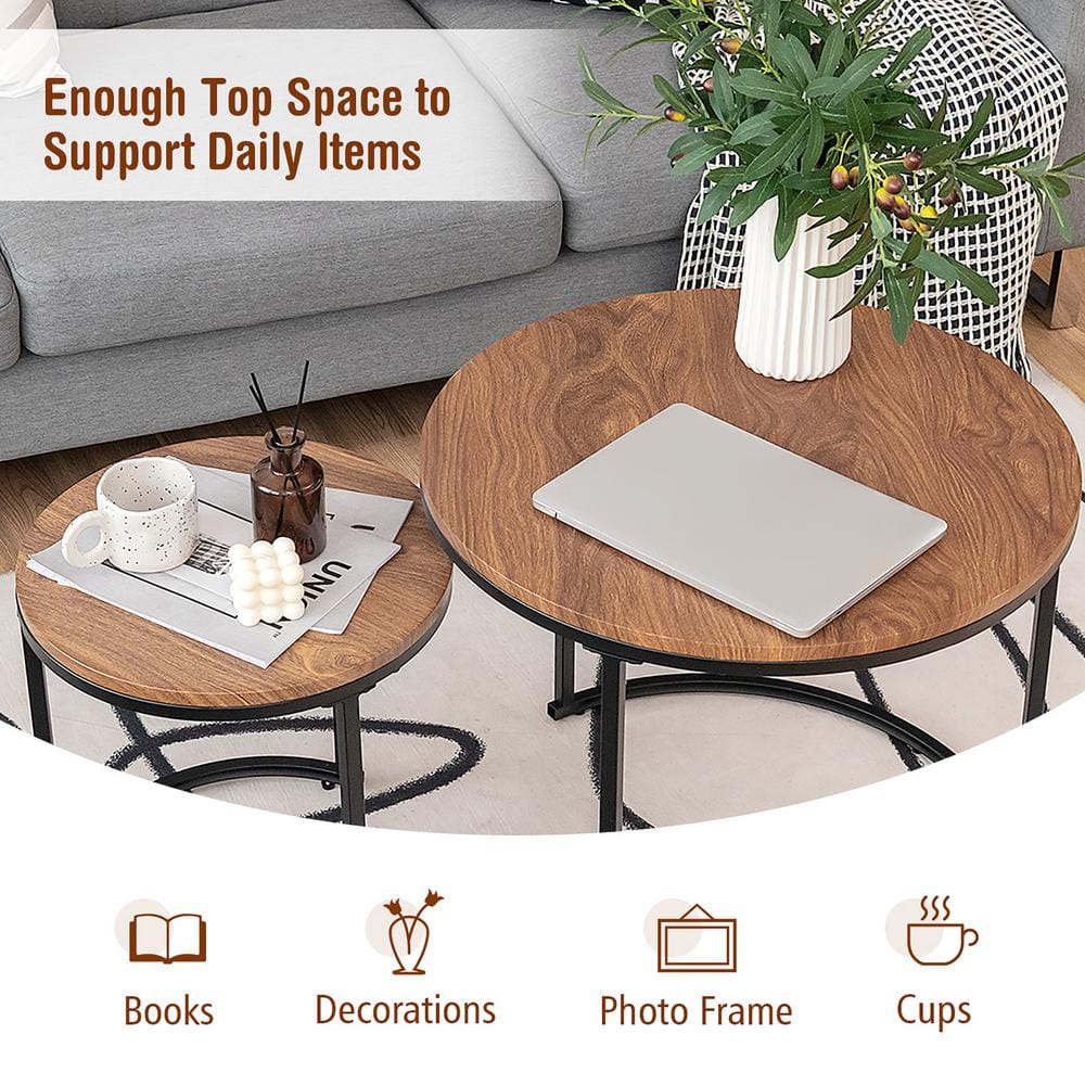 Vintage Walnut Round Nesting Coffee Table Set with Steel Frame
