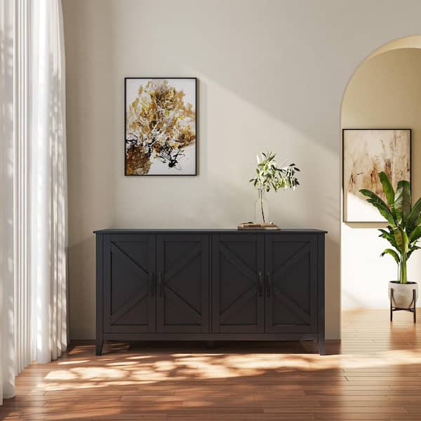 59 in. W x 16 in. D x 32 in. H Black Linen Cabinet, Cabinet with Door and Open Shelves, Sideboard Storage Cabinet
