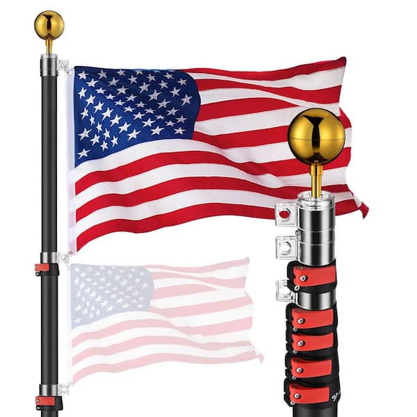 20 ft. Black Telescopic Flag Pole Kit, Rotating Lock Aluminum Flagpole Set with 3x5' US Flag Ball Top