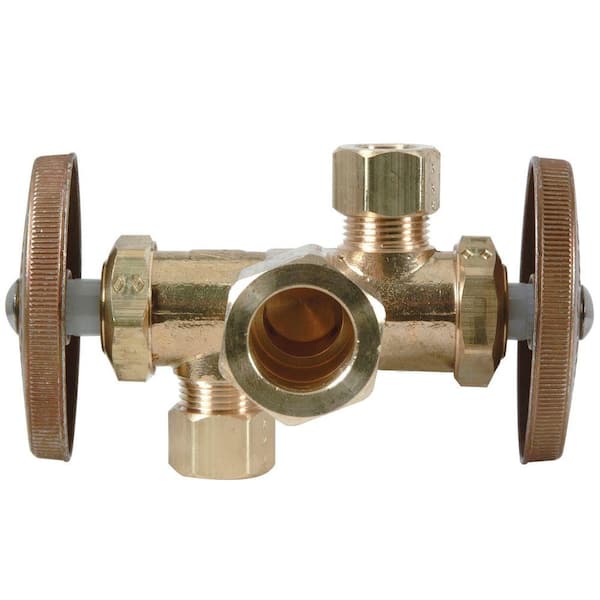 BrassCraft 1/2 in. Nom Comp Inlet x 3/8 in. O.D. Comp x 3/8 in. O.D. Comp Dual Outlet Dual Shut-Off Rough Brass Angle Valve